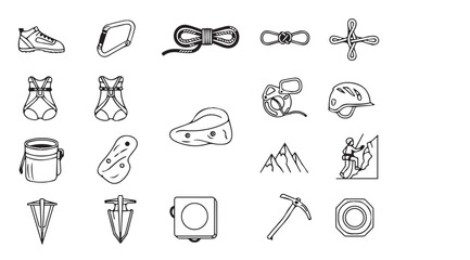 Collection of hand drawn climbing gear icons in silhouette style