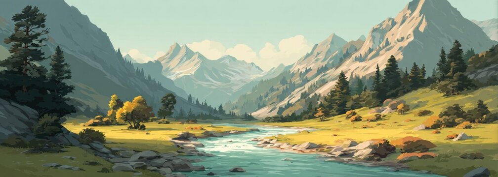Naklejki Serene Mountain Landscape with Flowing River and Snow-Capped Peaks, Panoramic Nature Background for Travel Blog, Environmental Campaign and Calming Visuals, Lush Greenery and Rocky Textures