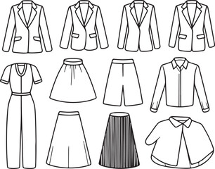 Elegant Outlines of Women's Apparel Collection: Blazers, Dresses, Skirts, Pants, and Stylish Tops