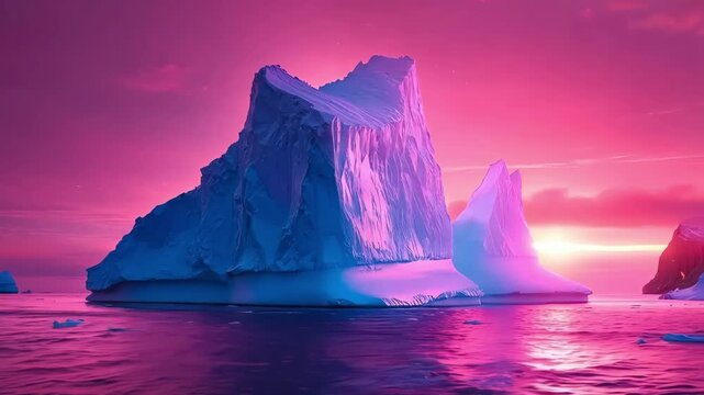An iceberg floating in the ocean at sunset