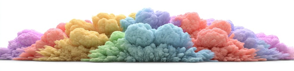 Pastel plume of smoke-like fluffy forms. Rainbow colors on white backdrop. Cloudlike, dreamy, soft, abstract texture, smooth gradient
