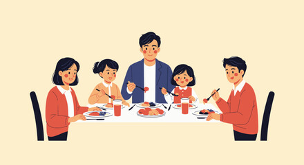 Happy family eating together cartoon illustration at the dinner table