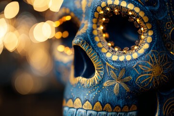 Fototapeta premium Close-up view of a decorative sugar skull, showcasing intricate blue and gold floral designs.
