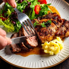 Grilled pork chop with salad and mashed potatoes