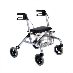 Four-wheeled rollator walker with padded seat, basket, and brakes, designed for mobility support, comfort, and independence in daily movement. AI generated.
