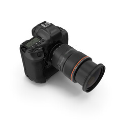 Fototapeta premium DSLR camera with zoom lens 3D render isolated on black