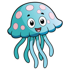 Cartoon Jellyfish Character with Pink Spots and Smiling Face on White Background