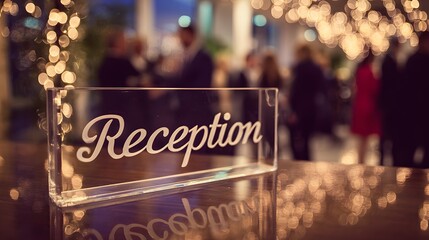 Reception sign with blurred people and festive lights background.