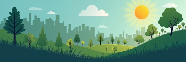A serene landscape illustration showcases a grassy hilltop overlooking a city skyline under a bright sun.