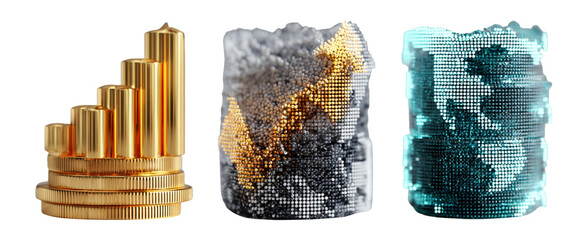 Gold Coins, Financial Growth, and Cryptocurrency Visualization