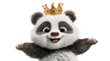 Animated panda wearing crown isolated on white background