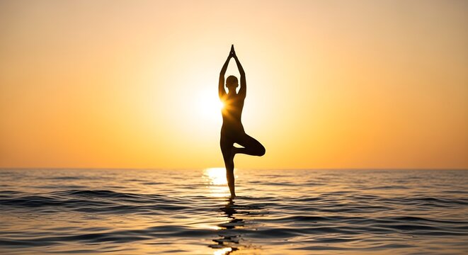 Ocean tide patterns silhouette mimicking yoga posture with golden sunrise background, minimalist, ultra-detailed, crisp edges, noise-free, natural lighting
