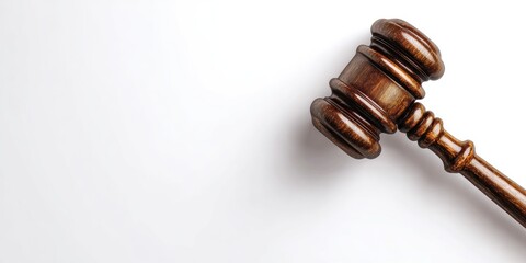 A dark-stained wooden gavel is placed on a white surface in a high-angle shot, casting a slight shadow and suggesting authority or legal proceedings