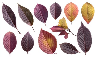 Obraz premium A collection of autumn leaves, displaying various shades of red, purple, and yellow on a white background, arranged in an artistic flat lay