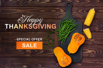 Thanksgiving celebration with fresh vegetables and special sale announcement