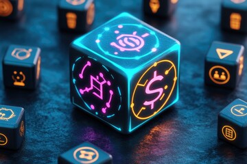 Glowing cube with various symbols