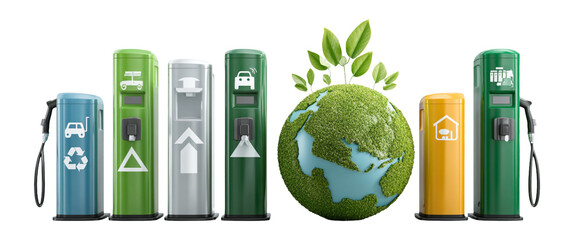 Eco-Friendly Fuel Stations with Green Globe and Leaves Illustration