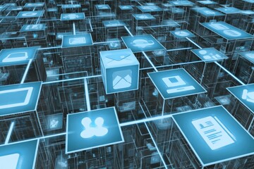 Abstract digital network of interconnected cubes, displaying various application icons