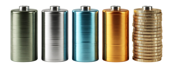 Colorful Battery Cylinders and Stacked Coins Arrangement