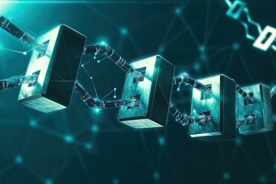 Linked blocks of text, digital chain, teal background