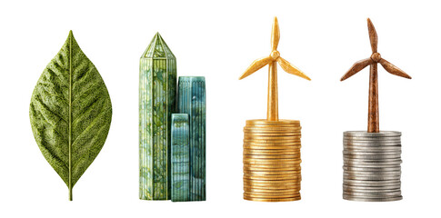 Eco-friendly business concept with leaf, buildings, wind turbine, coins