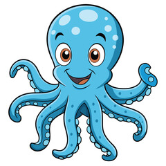 Cartoon Light Blue Octopus with Eight Arms and Tentacles on White Background