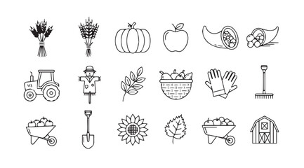 Collection of hand drawn farm and garden icons in a distinctive silhouette style