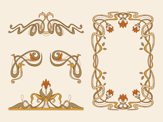 Art nouveau frame set with ornamental borders and floral motifs for vintage designs. Golden dividers, corners and rectangular border with intertwined vines and blossoms. Elegant decorative elements