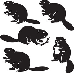 Collection of Black Beaver Silhouettes in Various Poses on White Background animal wildlife
