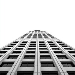 Looking up at a tall, modern building in black and white. The perspective emphasizes its height against a bright, blank sky