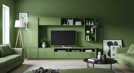 Green interior living room with modern furniture