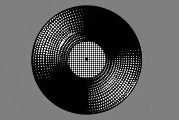 A black circle with white dot patterns on a gray background, resembling a record, featuring concentric rings and patterned sections