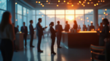 A blurred image of people at a corporate event with a sunset view through large windows