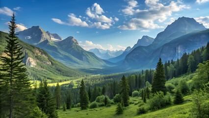 Naklejka premium “Panoramic view of mountains with clear sky and natural scenery, outdoor travel adventure.”