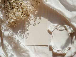 Minimal flat lay composition with a white baby bodysuit, delicate flowers, and a blank card. Perfect mockup for baby shower invitations, birth announcements, or newborn branding