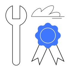 Wrench beside blue award ribbon and cloud motif symbolizing tools, achievement, and growth. Ideal for success, maintenance, improvement, recognition, development quality productivity. Simple flat