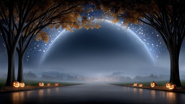 A Spooktacular Journey Through a Pumpkin-Paved Road Surrounded by Enchanting Autumn Trees Perfect for Halloween Adventures - Powered by Adobe