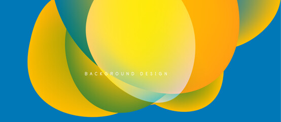 Abstract colorful design. Overlapping shapes create vibrant visual effect. Yellow, orange, green hues dominate composition. Modern background texture.