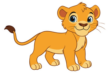 Cartoon Lion Cub Posing Proudly with Blue Eyes on a White Background