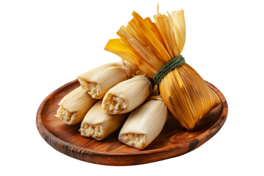Venezuelan tamales wrapped in corn husk, tied with rustic rope, isolated on white transparent background, representing traditional South American cuisine