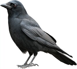 A crow, mostly black, isolated on a white background, stands, facing left, with keen red eyes and detailed feather texture