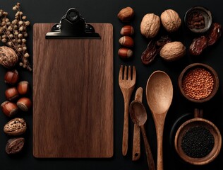 Clipboard with nuts, seeds, lentils, dates, and wooden utensils on a dark surface viewed from overhead