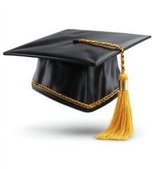 Sleek black graduation cap with gold trim and a tassel. Soft shadow underneath, isolated against a plain background