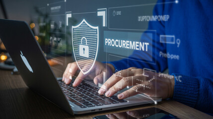 Secure online procurement process on laptop for business efficiency and data protection strategy