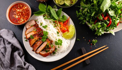 Grilled pork with rice noodles and fresh vegetables