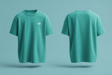 Turquoise t-shirt with a small white crown on the chest, shown front and back, floating against a matching blue background.