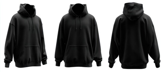 Three views of a black hooded sweatshirt. Front, side, and back displays shown against a white background. Heavy fabric and comfortable appearance