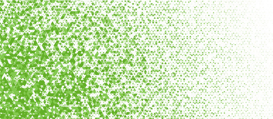 Green triangle mosaic, halftone fade left right, fresh eco vibe. Triangular tessellation, sustainability theme. Use background, banner, website, UI, print. Flat geometric style. Vector illustration