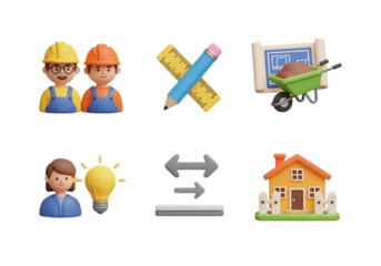 3d icon of collection of 3d icons related to construction, ideas, and real estate, isolated on transparent background