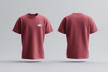Maroon tee shirt featuring simple graphic in the front. Casual clothing apparel for everyday wear. Soft cotton crew neck top.